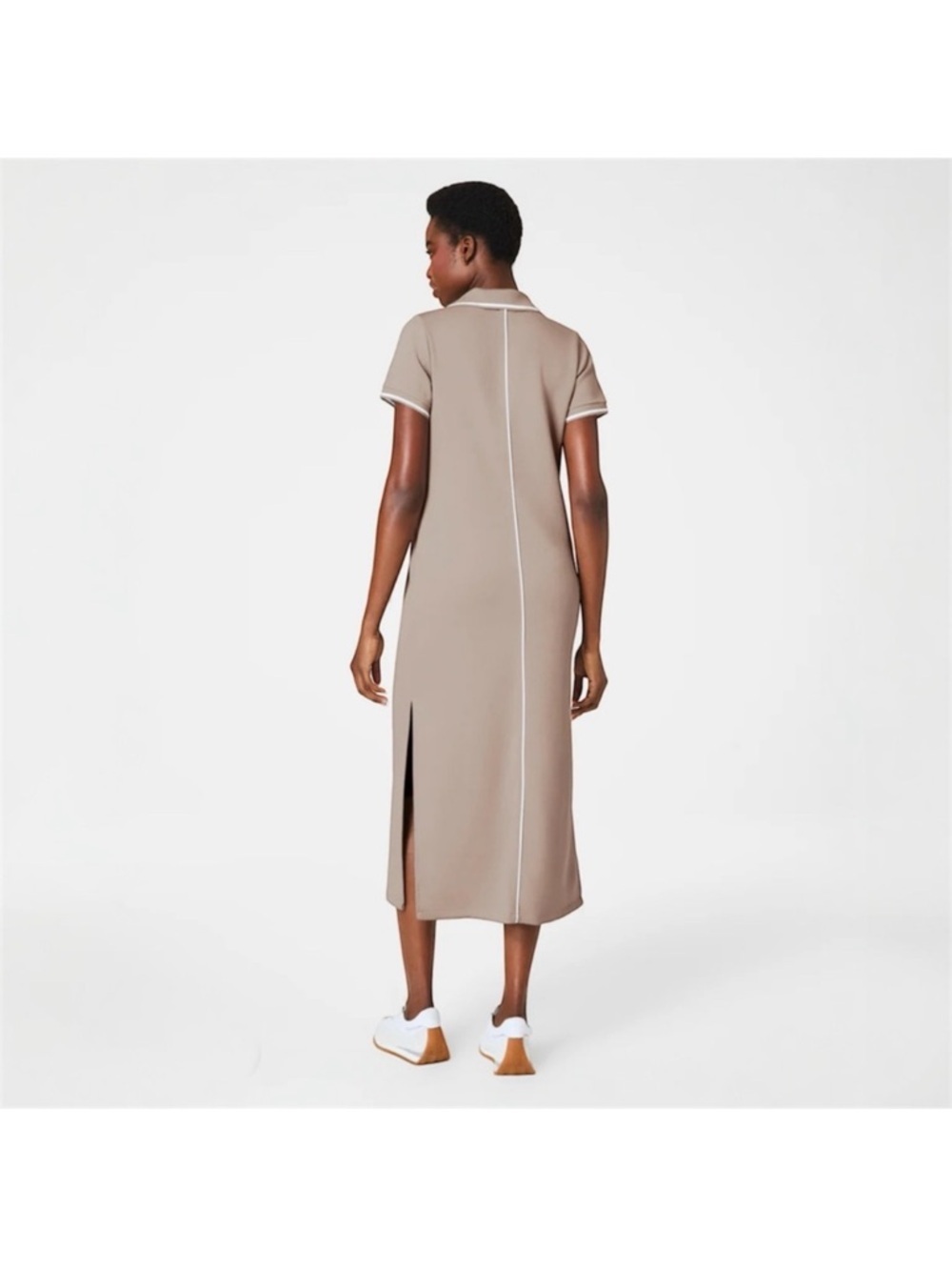 NWT SPANX AirEssentials Pique Polo Taupe Polo-Style Midi Dress with Side Slit L - Picture 3 of 9